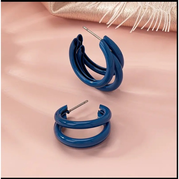 Geometric C Shaped Royal Blue Hoop Earrings - Picture 5 of 6